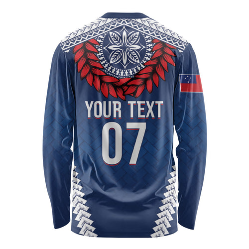 Manu Samoa Rugby Custom Navy Blue Long Sleeve Shirt ʻIe Toga Pattern With Red Ula fala