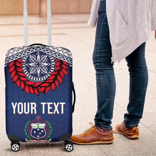 Manu Samoa Rugby Custom Navy Blue Luggage Cover ʻIe Toga Pattern With Red Ula fala