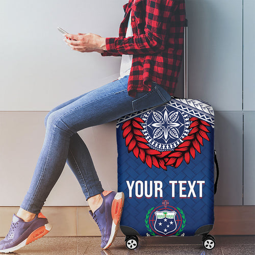 Manu Samoa Rugby Custom Navy Blue Luggage Cover ʻIe Toga Pattern With Red Ula fala