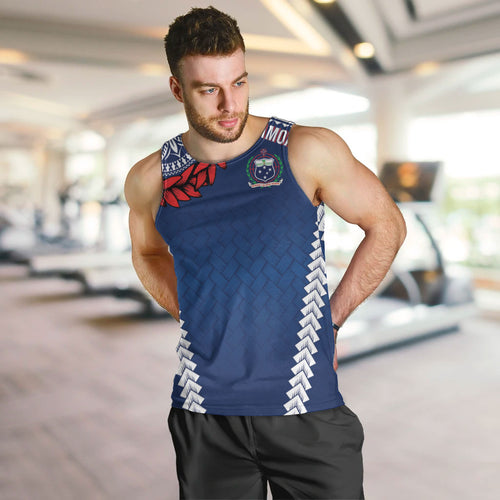 Manu Samoa Rugby Custom Navy Blue Men Tank Top ʻIe Toga Pattern With Red Ula fala