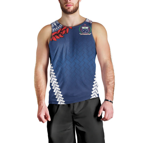 Manu Samoa Rugby Custom Navy Blue Men Tank Top ʻIe Toga Pattern With Red Ula fala