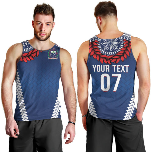 Manu Samoa Rugby Custom Navy Blue Men Tank Top ʻIe Toga Pattern With Red Ula fala