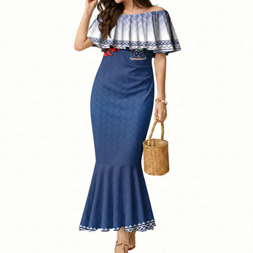 Manu Samoa Rugby Custom Navy Blue Mermaid Dress ʻIe Toga Pattern With Red Ula fala