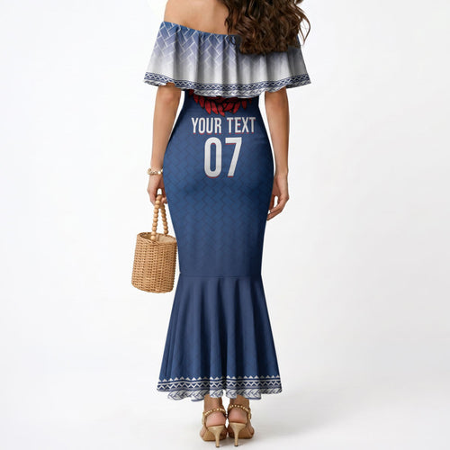 Manu Samoa Rugby Custom Navy Blue Mermaid Dress ʻIe Toga Pattern With Red Ula fala