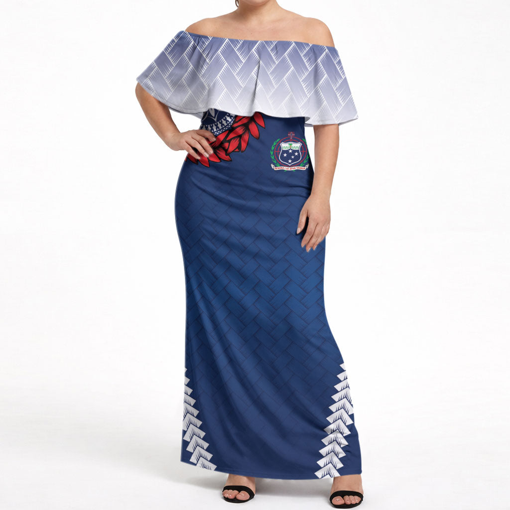 Manu Samoa Rugby Custom Navy Blue Off Shoulder Maxi Dress ʻIe Toga Pattern With Red Ula fala