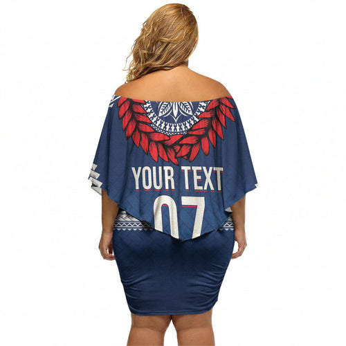 Manu Samoa Rugby Custom Navy Blue Off Shoulder Short Dress ʻIe Toga Pattern With Red Ula fala