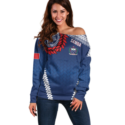 Manu Samoa Rugby Custom Navy Blue Off Shoulder Sweater ʻIe Toga Pattern With Red Ula fala