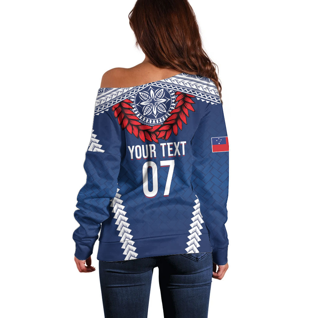 Manu Samoa Rugby Custom Navy Blue Off Shoulder Sweater ʻIe Toga Pattern With Red Ula fala