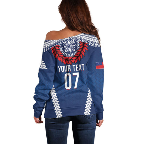 Manu Samoa Rugby Custom Navy Blue Off Shoulder Sweater ʻIe Toga Pattern With Red Ula fala