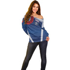 Manu Samoa Rugby Custom Navy Blue Off Shoulder Sweater ʻIe Toga Pattern With Red Ula fala