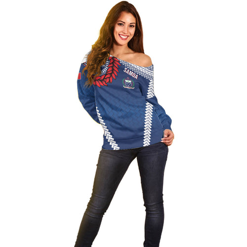 Manu Samoa Rugby Custom Navy Blue Off Shoulder Sweater ʻIe Toga Pattern With Red Ula fala