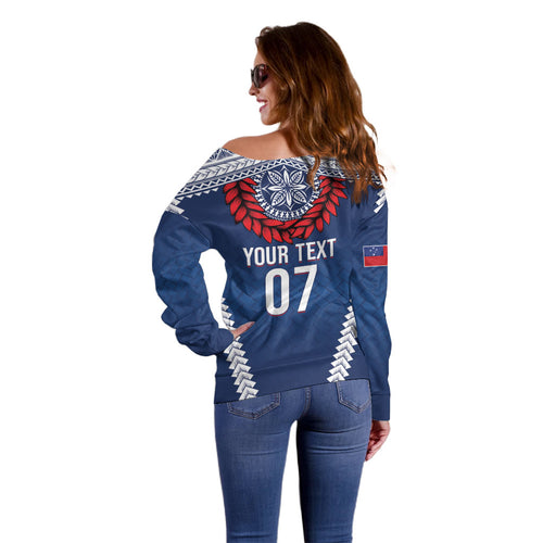 Manu Samoa Rugby Custom Navy Blue Off Shoulder Sweater ʻIe Toga Pattern With Red Ula fala