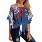 Manu Samoa Rugby Custom Navy Blue Off Shoulder Wrap Waist Top ʻIe Toga Pattern With Red Ula fala