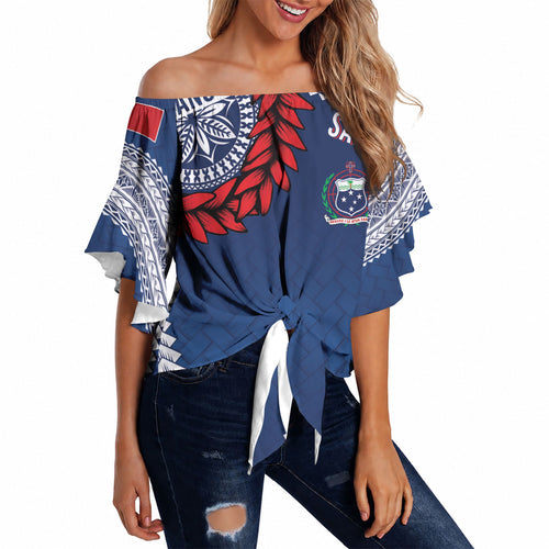 Manu Samoa Rugby Custom Navy Blue Off Shoulder Wrap Waist Top ʻIe Toga Pattern With Red Ula fala