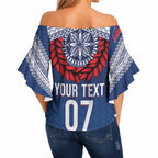 Manu Samoa Rugby Custom Navy Blue Off Shoulder Wrap Waist Top ʻIe Toga Pattern With Red Ula fala