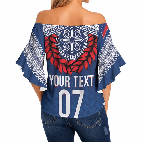 Manu Samoa Rugby Custom Navy Blue Off Shoulder Wrap Waist Top ʻIe Toga Pattern With Red Ula fala