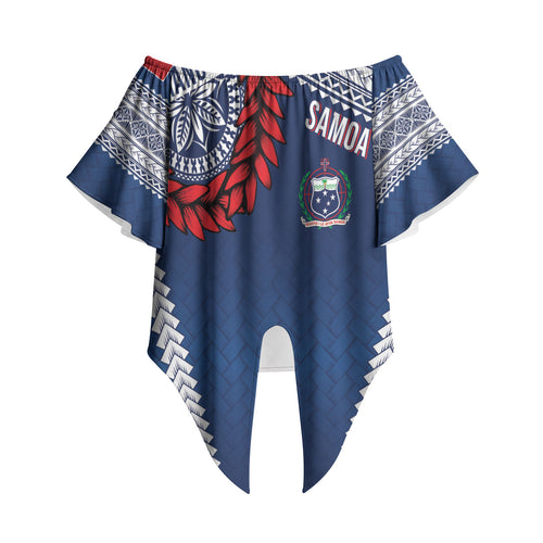Manu Samoa Rugby Custom Navy Blue Off Shoulder Wrap Waist Top ʻIe Toga Pattern With Red Ula fala