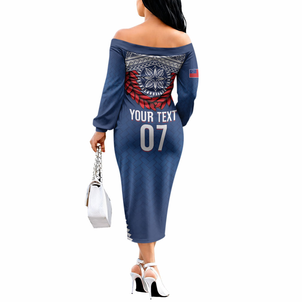 Manu Samoa Rugby Custom Navy Blue Off The Shoulder Long Sleeve Dress ʻIe Toga Pattern With Red Ula fala