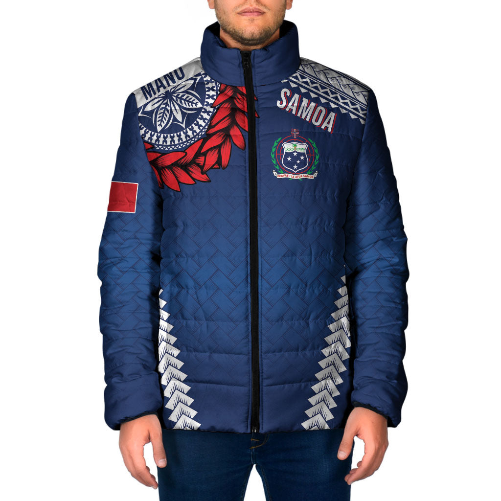 Manu Samoa Rugby Custom Navy Blue Padded Jacket ʻIe Toga Pattern With Red Ula fala