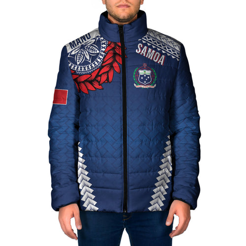 Manu Samoa Rugby Custom Navy Blue Padded Jacket ʻIe Toga Pattern With Red Ula fala