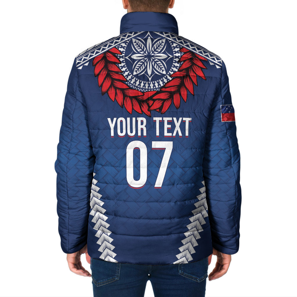 Manu Samoa Rugby Custom Navy Blue Padded Jacket ʻIe Toga Pattern With Red Ula fala