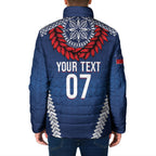Manu Samoa Rugby Custom Navy Blue Padded Jacket ʻIe Toga Pattern With Red Ula fala