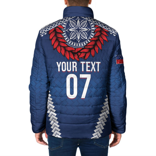 Manu Samoa Rugby Custom Navy Blue Padded Jacket ʻIe Toga Pattern With Red Ula fala