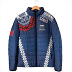 Manu Samoa Rugby Custom Navy Blue Padded Jacket ʻIe Toga Pattern With Red Ula fala