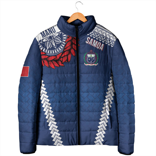 Manu Samoa Rugby Custom Navy Blue Padded Jacket ʻIe Toga Pattern With Red Ula fala