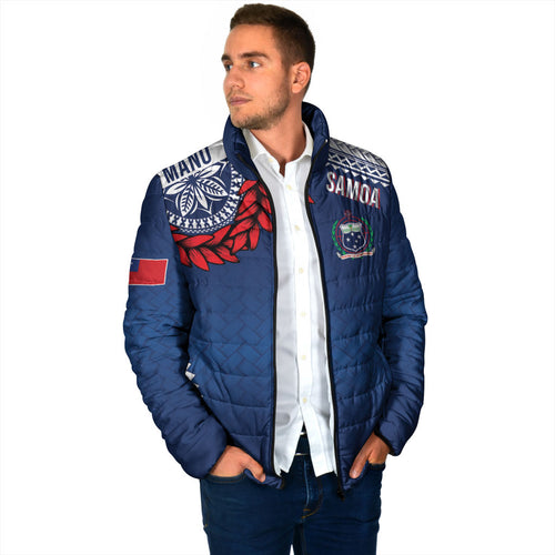 Manu Samoa Rugby Custom Navy Blue Padded Jacket ʻIe Toga Pattern With Red Ula fala