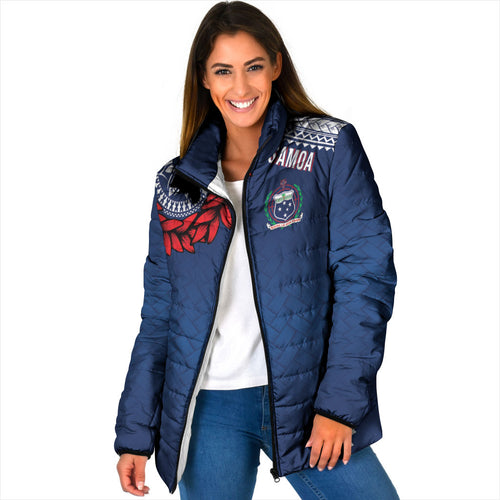 Manu Samoa Rugby Custom Navy Blue Padded Jacket ʻIe Toga Pattern With Red Ula fala