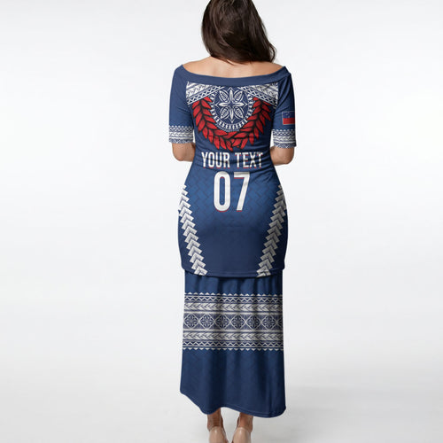 Manu Samoa Rugby Custom Navy Blue Puletasi ʻIe Toga Pattern With Red Ula fala