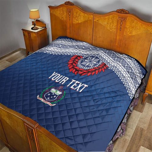 Manu Samoa Rugby Custom Navy Blue Quilt ʻIe Toga Pattern With Red Ula fala