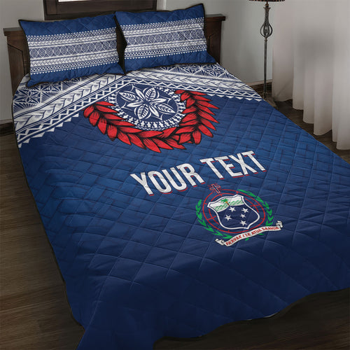 Manu Samoa Rugby Custom Navy Blue Quilt Bed Set ʻIe Toga Pattern With Red Ula fala