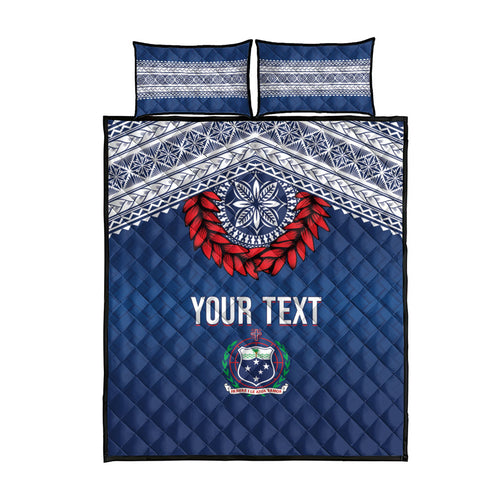 Manu Samoa Rugby Custom Navy Blue Quilt Bed Set ʻIe Toga Pattern With Red Ula fala