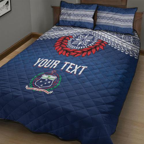 Manu Samoa Rugby Custom Navy Blue Quilt Bed Set ʻIe Toga Pattern With Red Ula fala