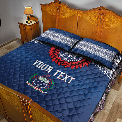 Manu Samoa Rugby Custom Navy Blue Quilt Bed Set ʻIe Toga Pattern With Red Ula fala