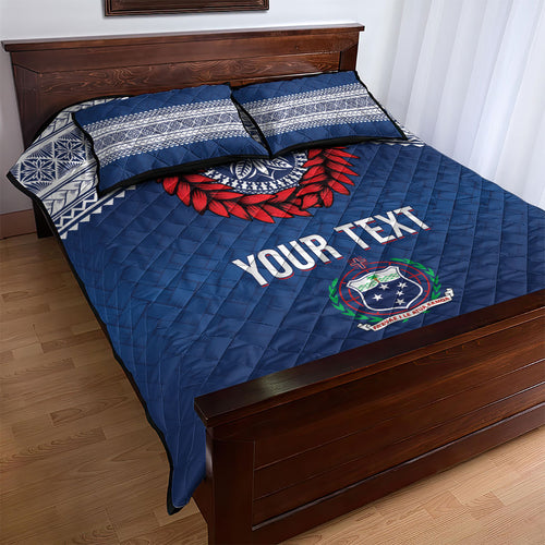 Manu Samoa Rugby Custom Navy Blue Quilt Bed Set ʻIe Toga Pattern With Red Ula fala