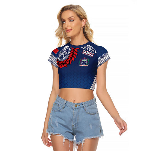 Manu Samoa Rugby Custom Navy Blue Raglan Cropped T Shirt ʻIe Toga Pattern With Red Ula fala