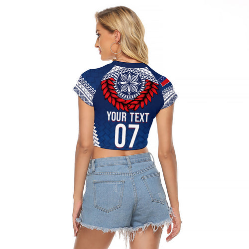 Manu Samoa Rugby Custom Navy Blue Raglan Cropped T Shirt ʻIe Toga Pattern With Red Ula fala