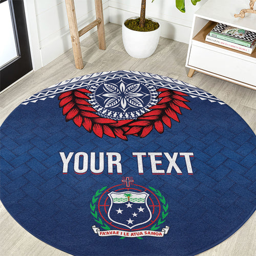 Manu Samoa Rugby Custom Navy Blue Round Carpet ʻIe Toga Pattern With Red Ula fala