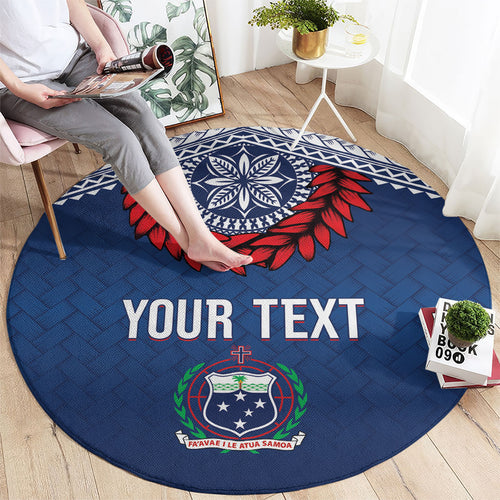 Manu Samoa Rugby Custom Navy Blue Round Carpet ʻIe Toga Pattern With Red Ula fala
