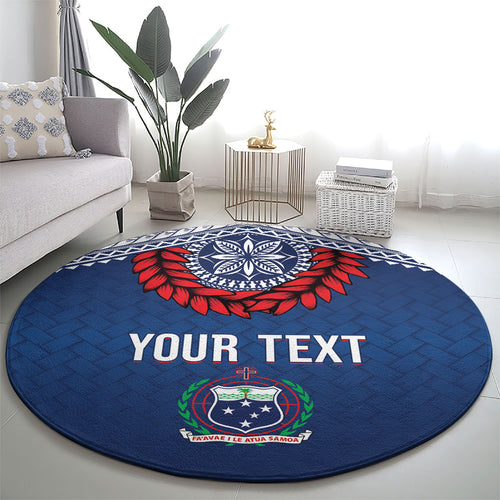 Manu Samoa Rugby Custom Navy Blue Round Carpet ʻIe Toga Pattern With Red Ula fala