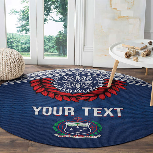 Manu Samoa Rugby Custom Navy Blue Round Carpet ʻIe Toga Pattern With Red Ula fala