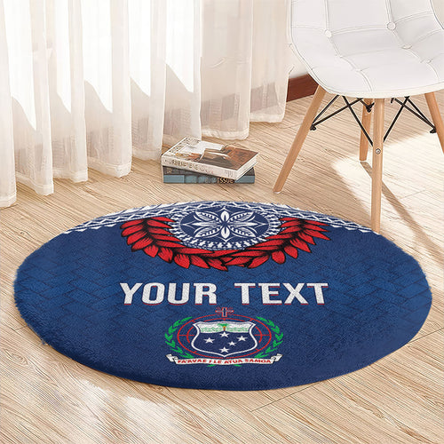 Manu Samoa Rugby Custom Navy Blue Round Carpet ʻIe Toga Pattern With Red Ula fala