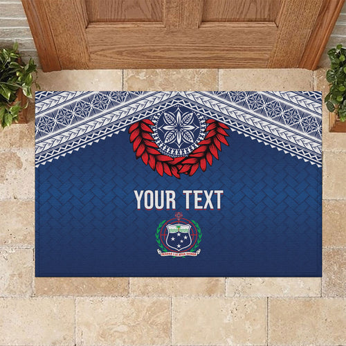 Manu Samoa Rugby Custom Navy Blue Rubber Doormat ʻIe Toga Pattern With Red Ula fala