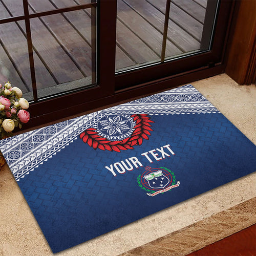 Manu Samoa Rugby Custom Navy Blue Rubber Doormat ʻIe Toga Pattern With Red Ula fala