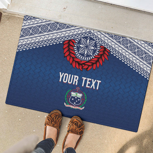 Manu Samoa Rugby Custom Navy Blue Rubber Doormat ʻIe Toga Pattern With Red Ula fala