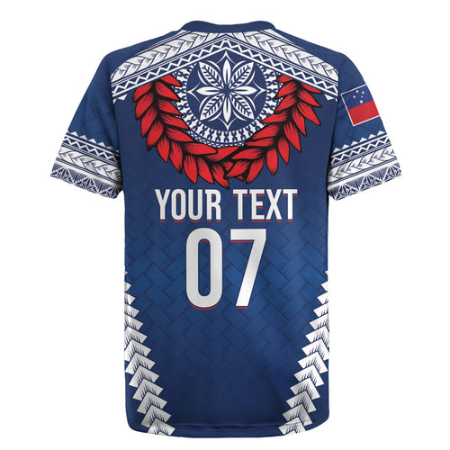 Manu Samoa Rugby Custom Navy Blue Rugby Jersey ʻIe Toga Pattern With Red Ula fala