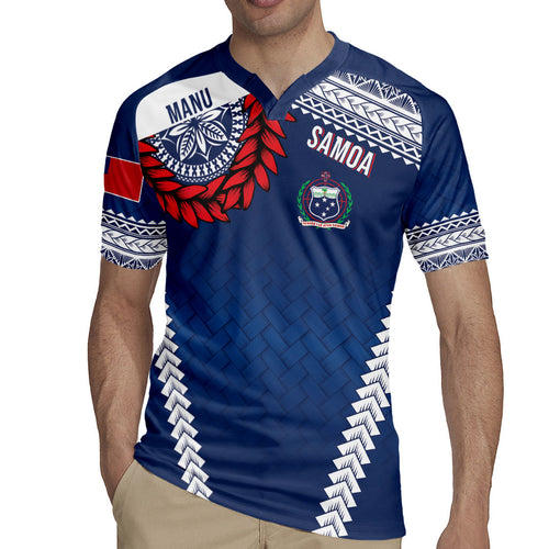 Manu Samoa Rugby Custom Navy Blue Rugby Jersey ʻIe Toga Pattern With Red Ula fala